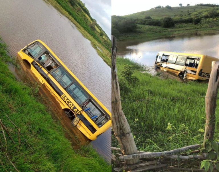 Ônibus escolar tombou e caiu dentro de açude em Serra Talhada na manhã desta segunda(26)